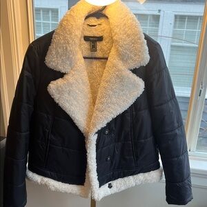 Forever 21 Black Quilted Jacket with White Sherpa Trim